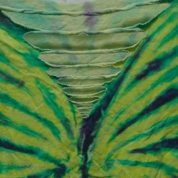 Funky Hand Made Tie-Dye V-Neck Neon green Fringe Top - Picture 2 of 7